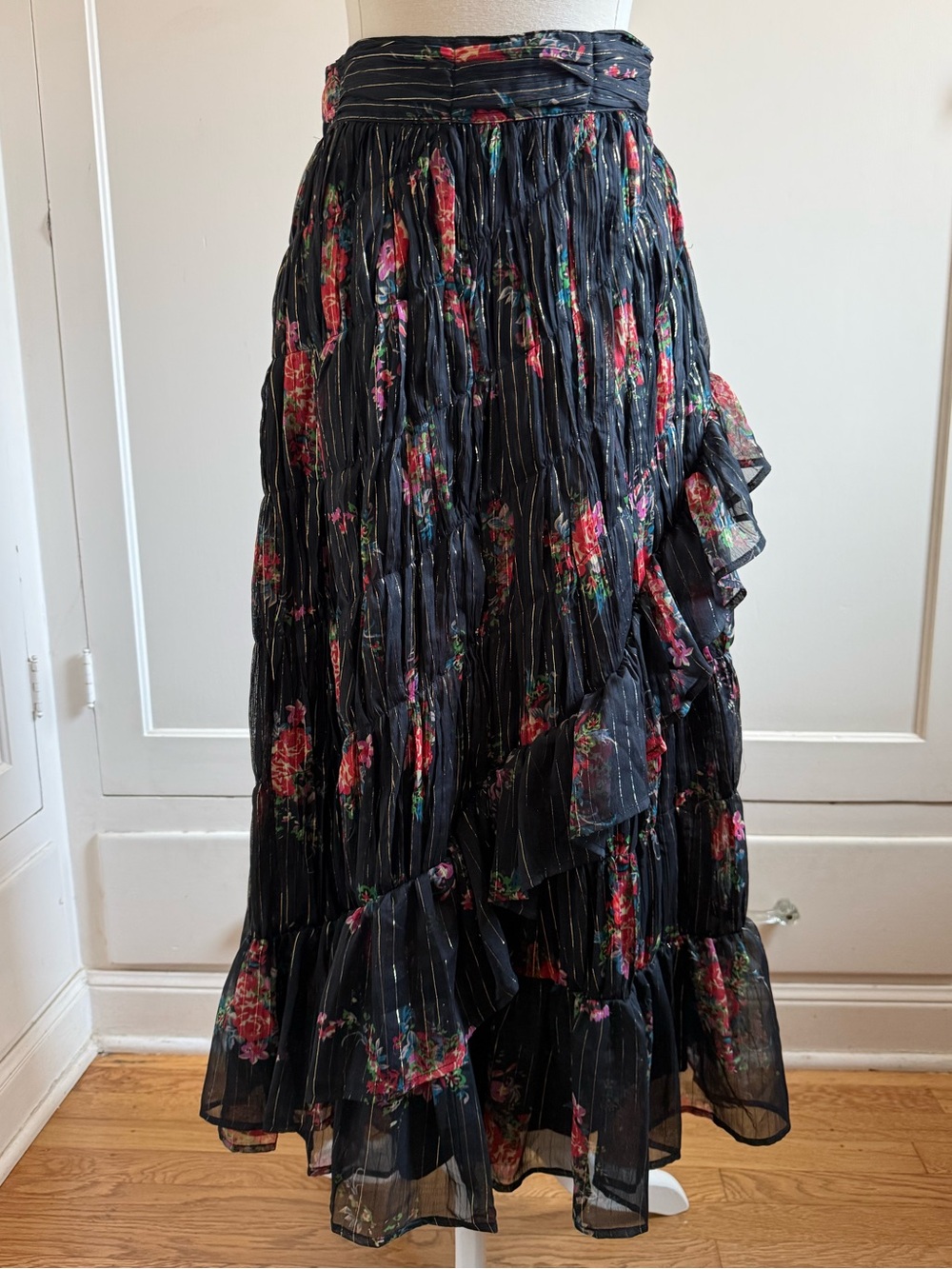 TOPSHOP Black Floral Ruffle Maxi Skirt